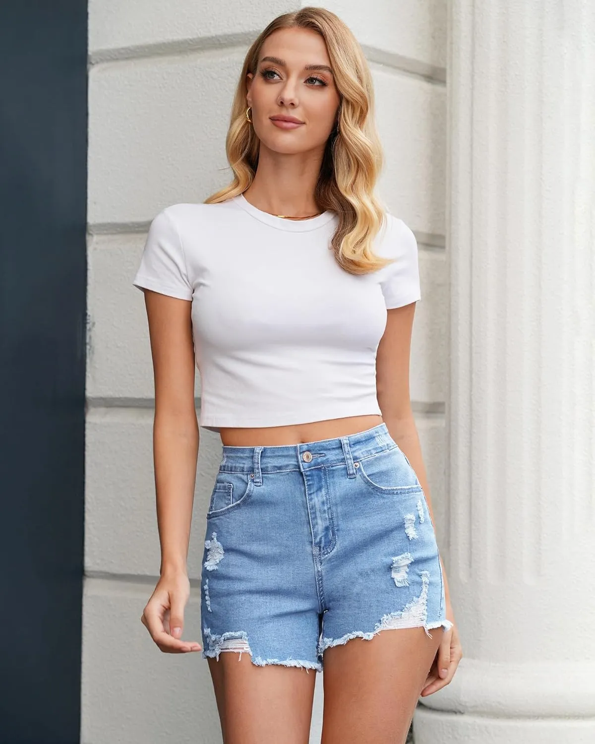 LookbookStore Jean Shorts for Women High Waisted Distressed Frayed Raw Hem Ripped Stretchy Denim Shorts with Pockets