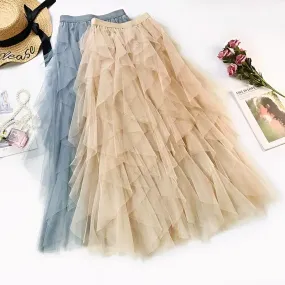 Luexco Long Skirt Vintage Ruffled Chiffon Flounces