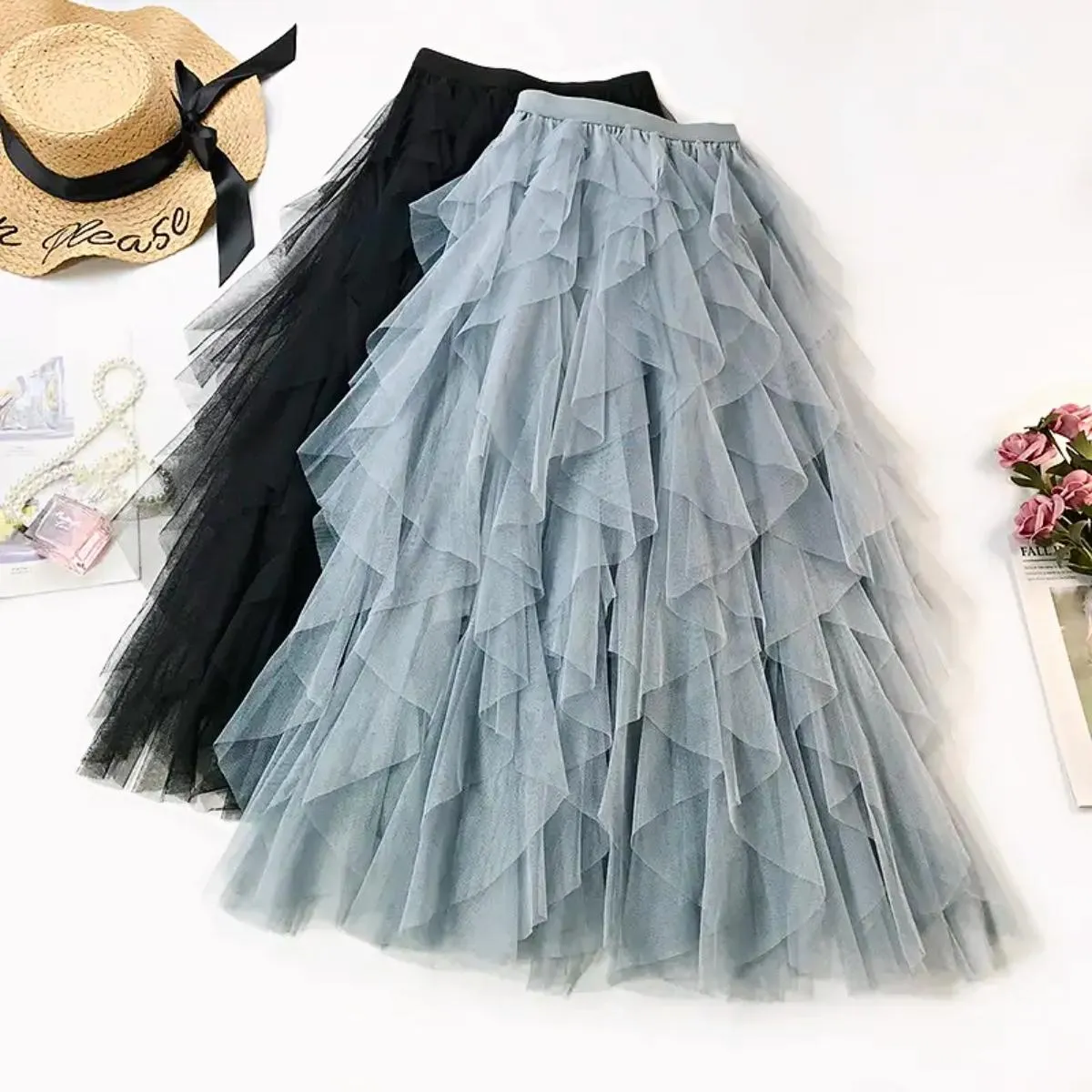 Luexco Long Skirt Vintage Ruffled Chiffon Flounces