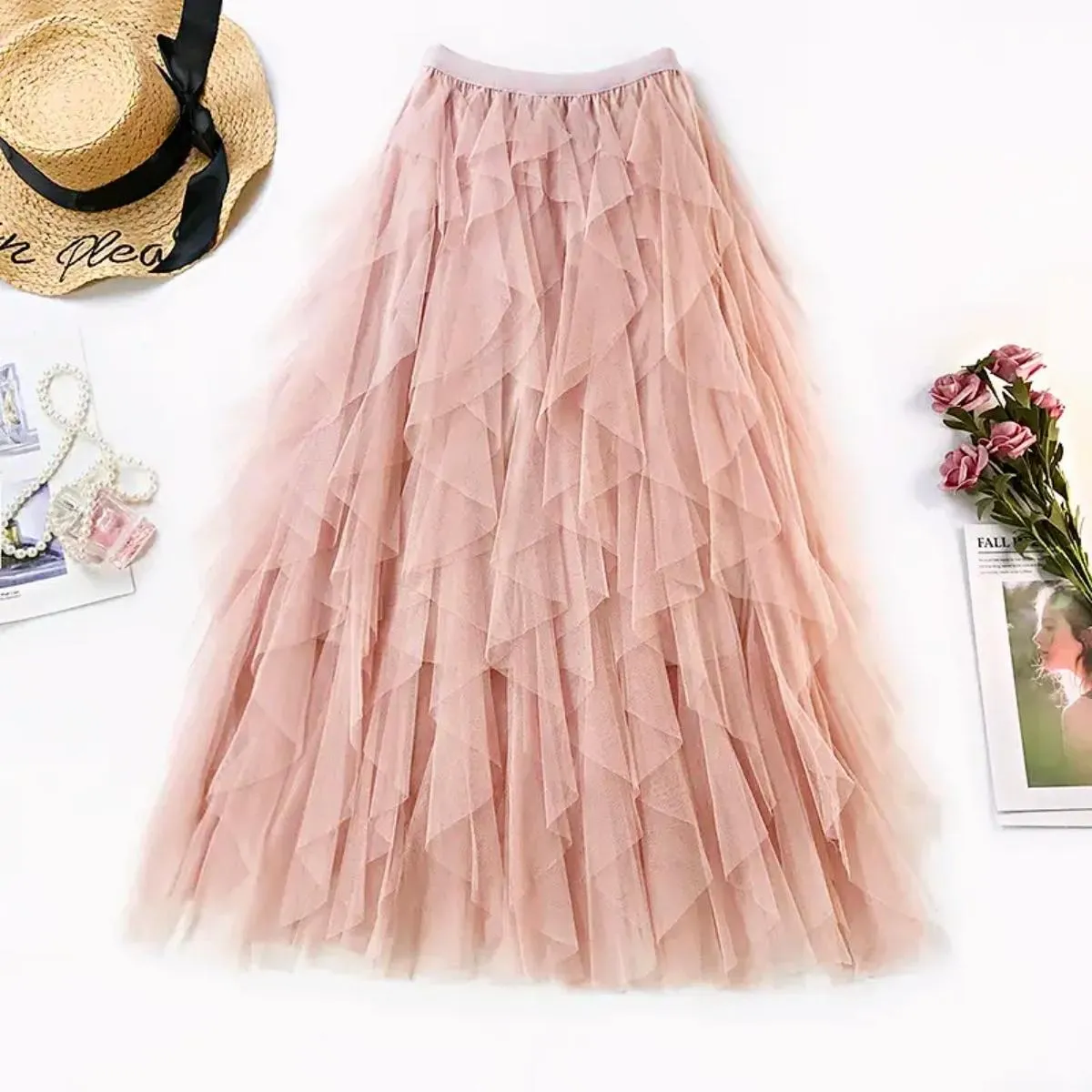 Luexco Long Skirt Vintage Ruffled Chiffon Flounces