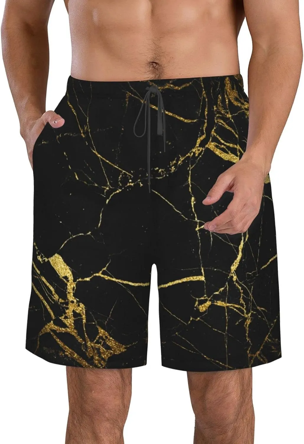 Men Chic Black Gold Marble Texture Quick Dry Breathable Swim Trunks with Pockets Surf Shorts