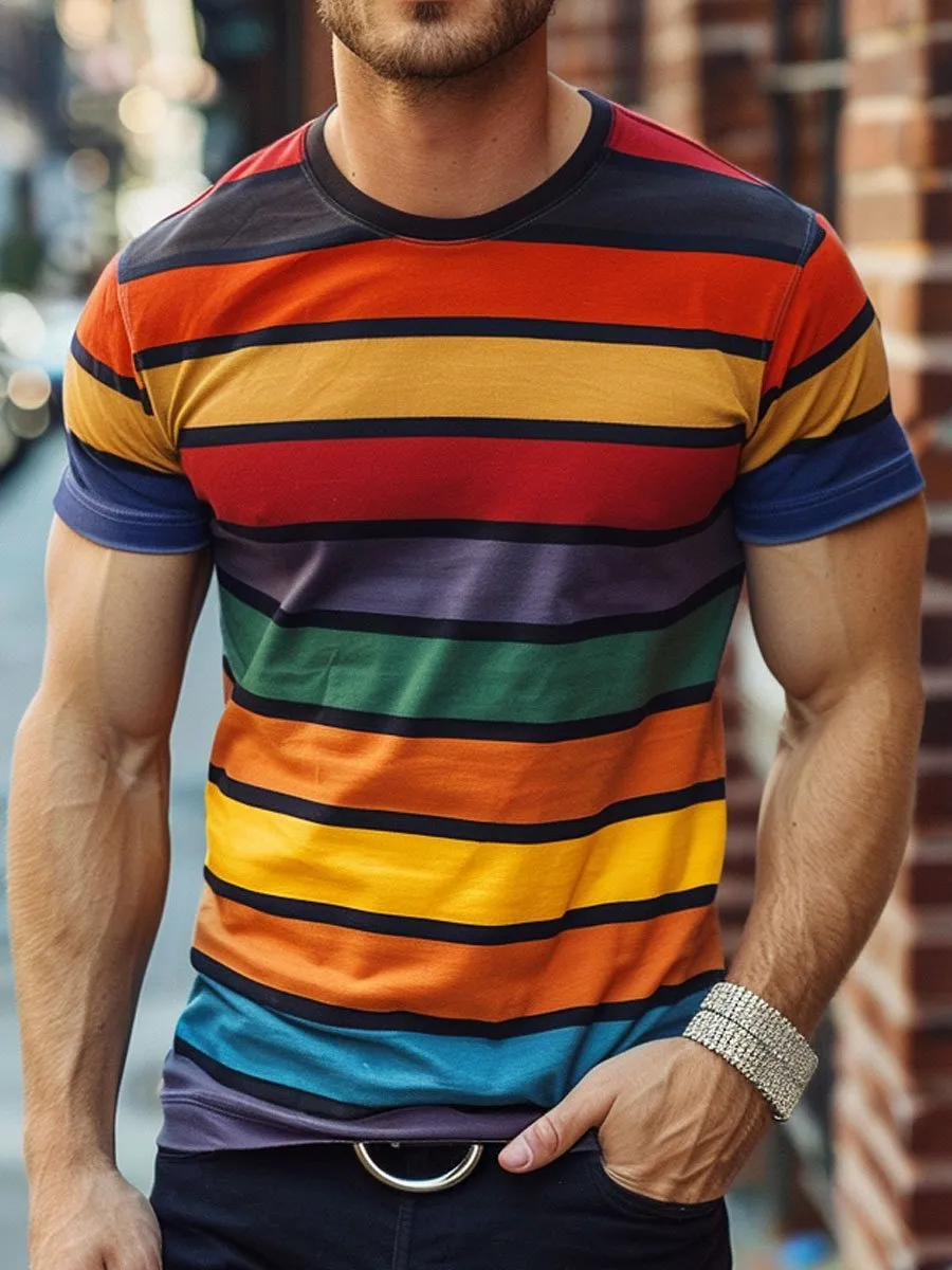 Men's Colorful Striped Round Neck Casual Short Sleeve T-Shirt