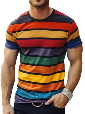 Men's Colorful Striped Round Neck Casual Short Sleeve T-Shirt