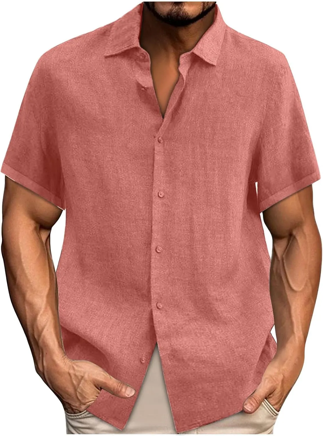 Men's Cotton Linen Short Sleeve Shirts Guayabera Linen Polo Tee for Men Button Down Summer Beach Vacation Blouses