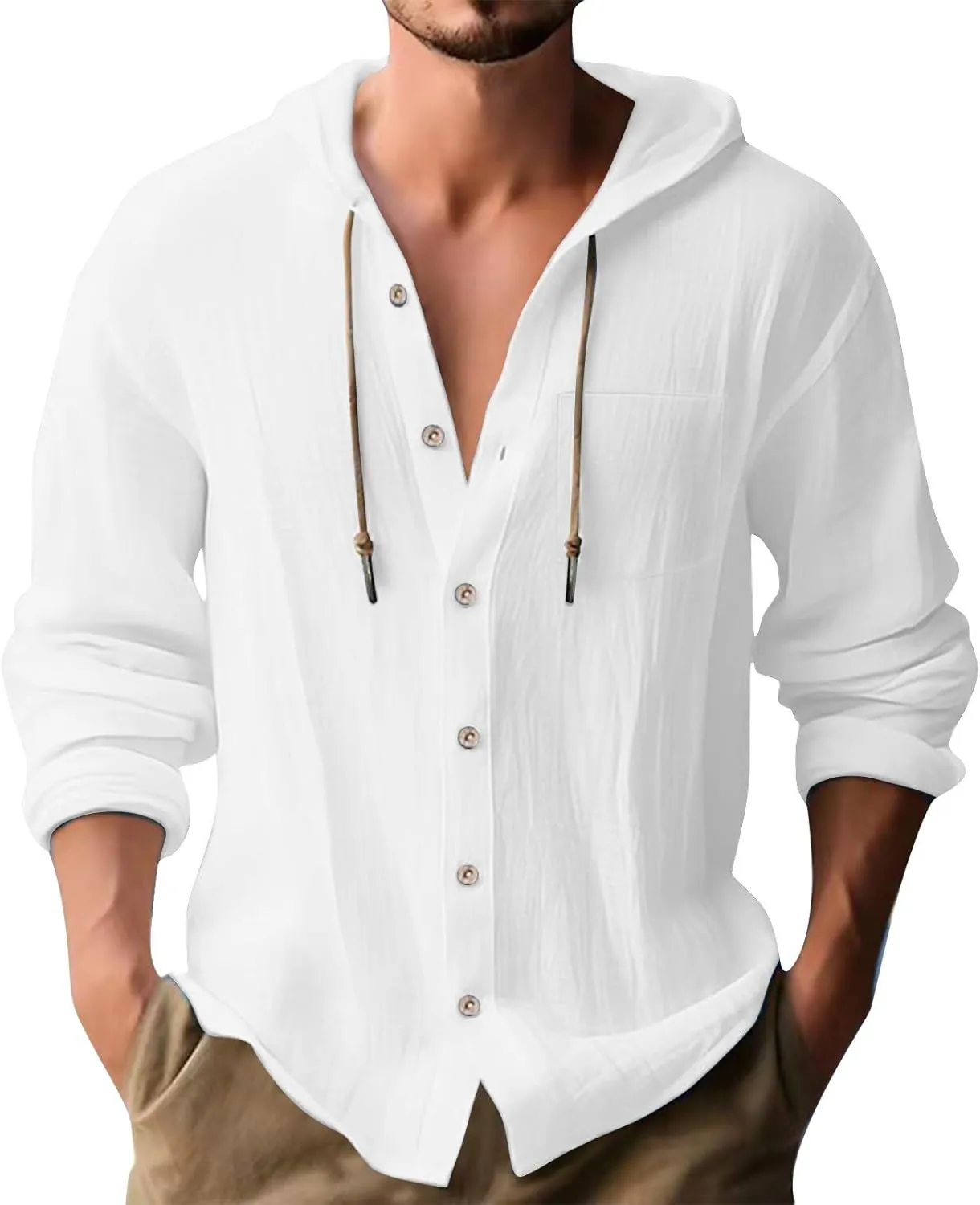 Men's Lightweight Summer Linen Shirt Long Sleeve Breathable Casual Button Down Shirt Slim Fit Shirts with Pockets