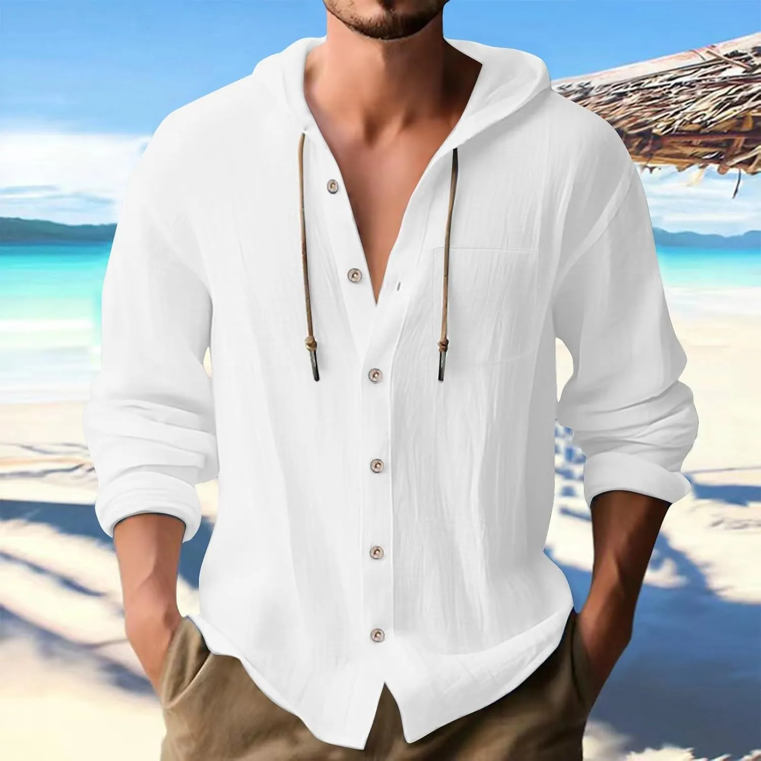 Men's Lightweight Summer Linen Shirt Long Sleeve Breathable Casual Button Down Shirt Slim Fit Shirts with Pockets