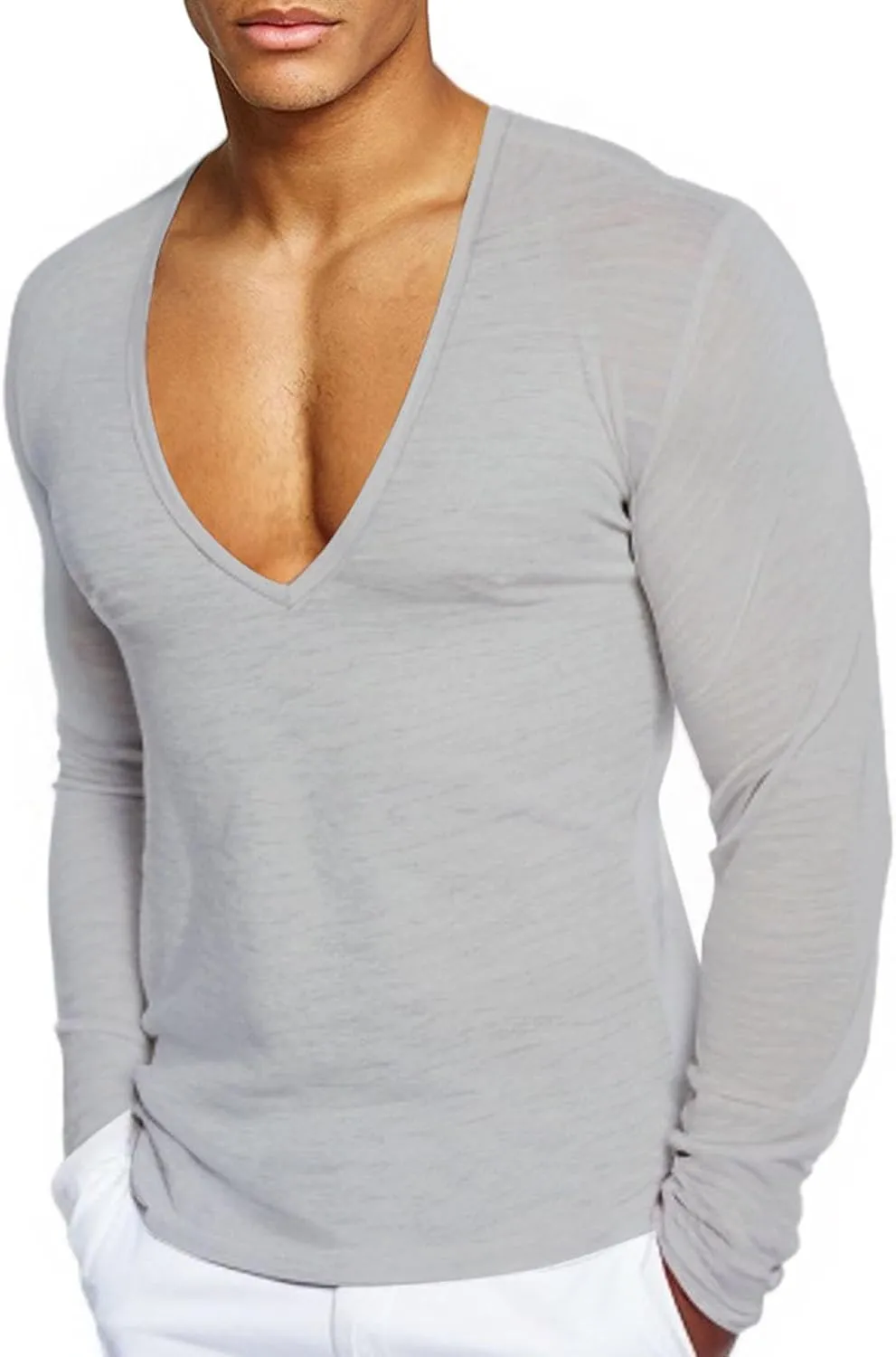 Men's Long Sleeve V Neck Muscle Shirt Athletic Running Workout Athletic Shirts Casual Slim Quick Dry Pullover Tops