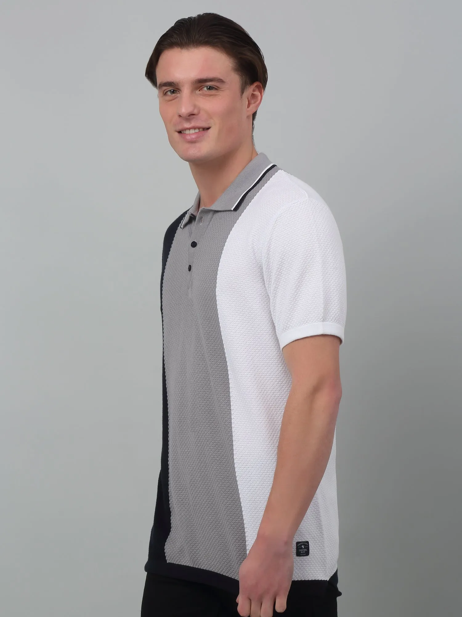 Men's White Vertical 3 color block Polo neck Half Sleeve Flatknit T-Shirt