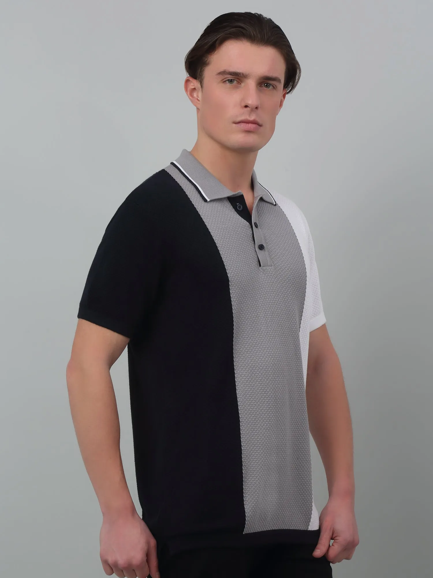 Men's White Vertical 3 color block Polo neck Half Sleeve Flatknit T-Shirt