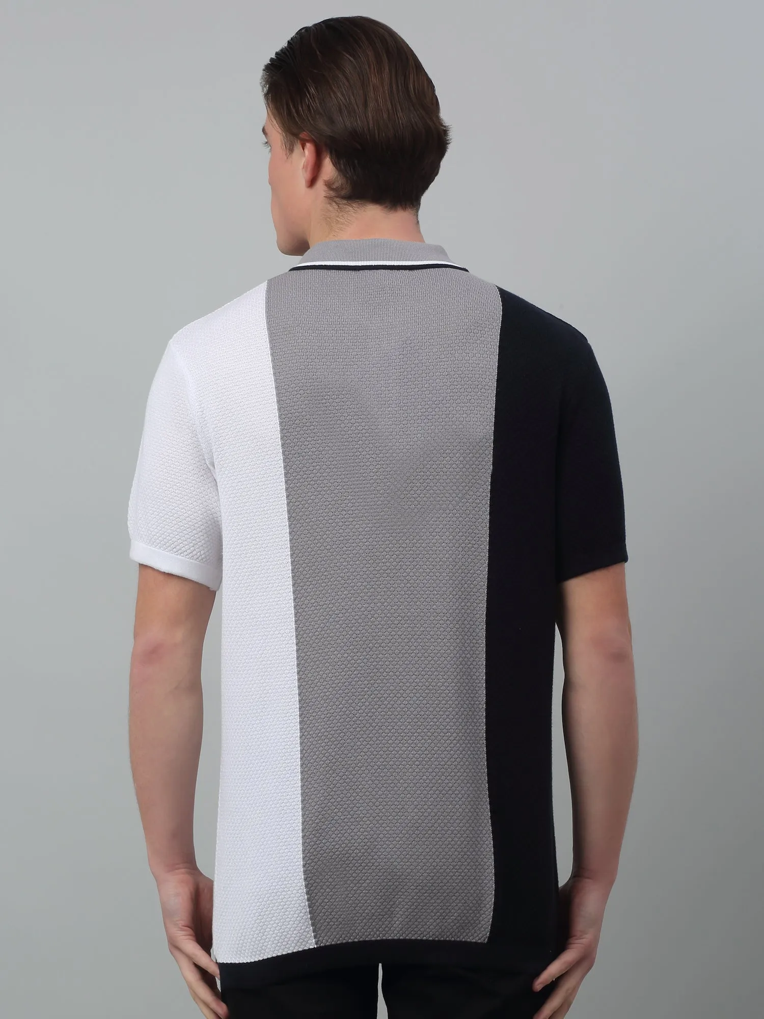 Men's White Vertical 3 color block Polo neck Half Sleeve Flatknit T-Shirt