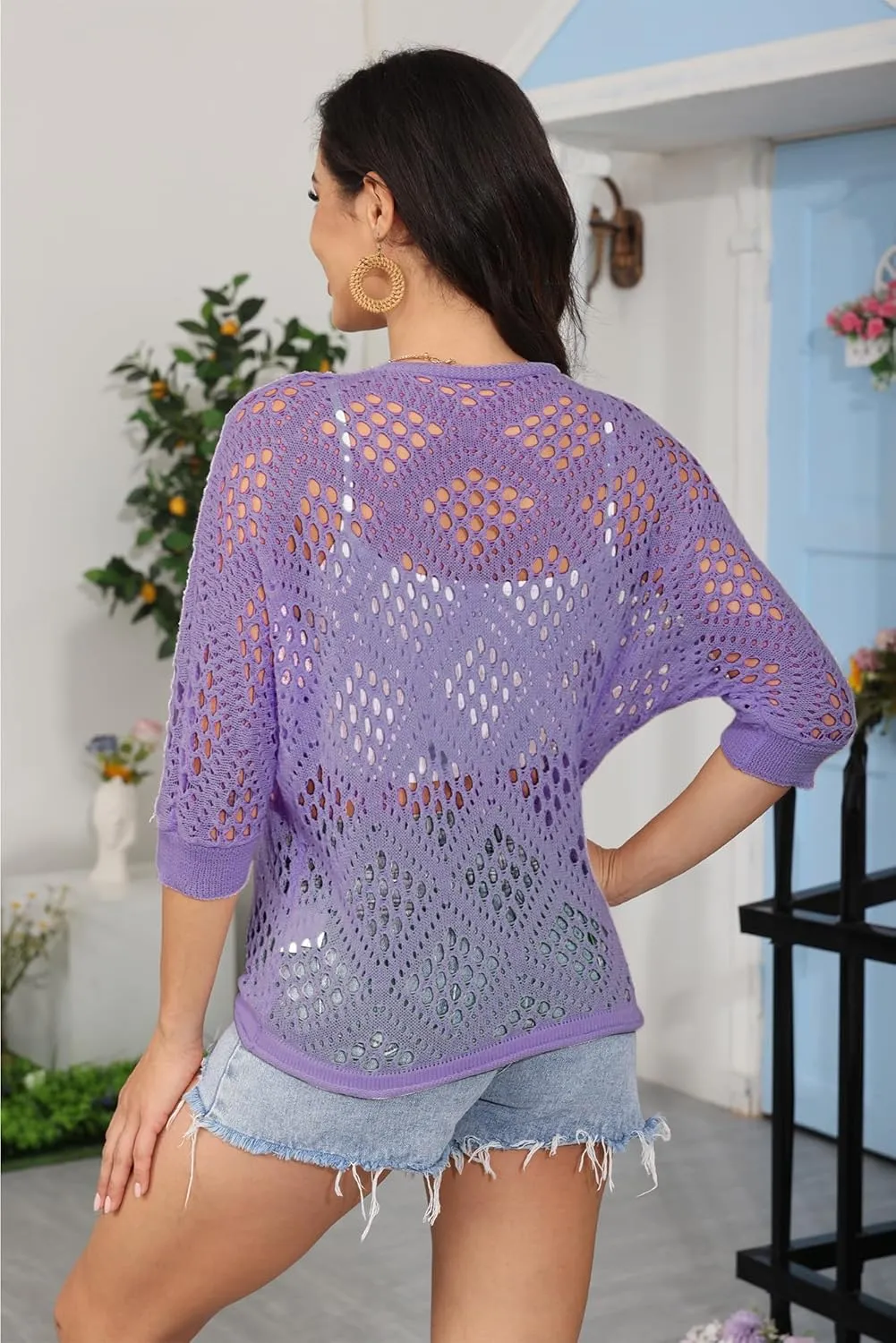 NASKY Women’s Casual Knit Pullover Hollow-Out 3/4 Batwing Sleeve Lightweight and Comfortable Boho Chic Summer Sweater