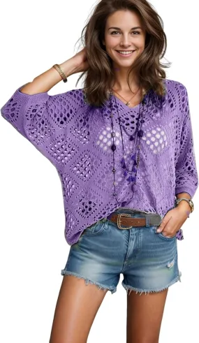 NASKY Women’s Casual Knit Pullover Hollow-Out 3/4 Batwing Sleeve Lightweight and Comfortable Boho Chic Summer Sweater