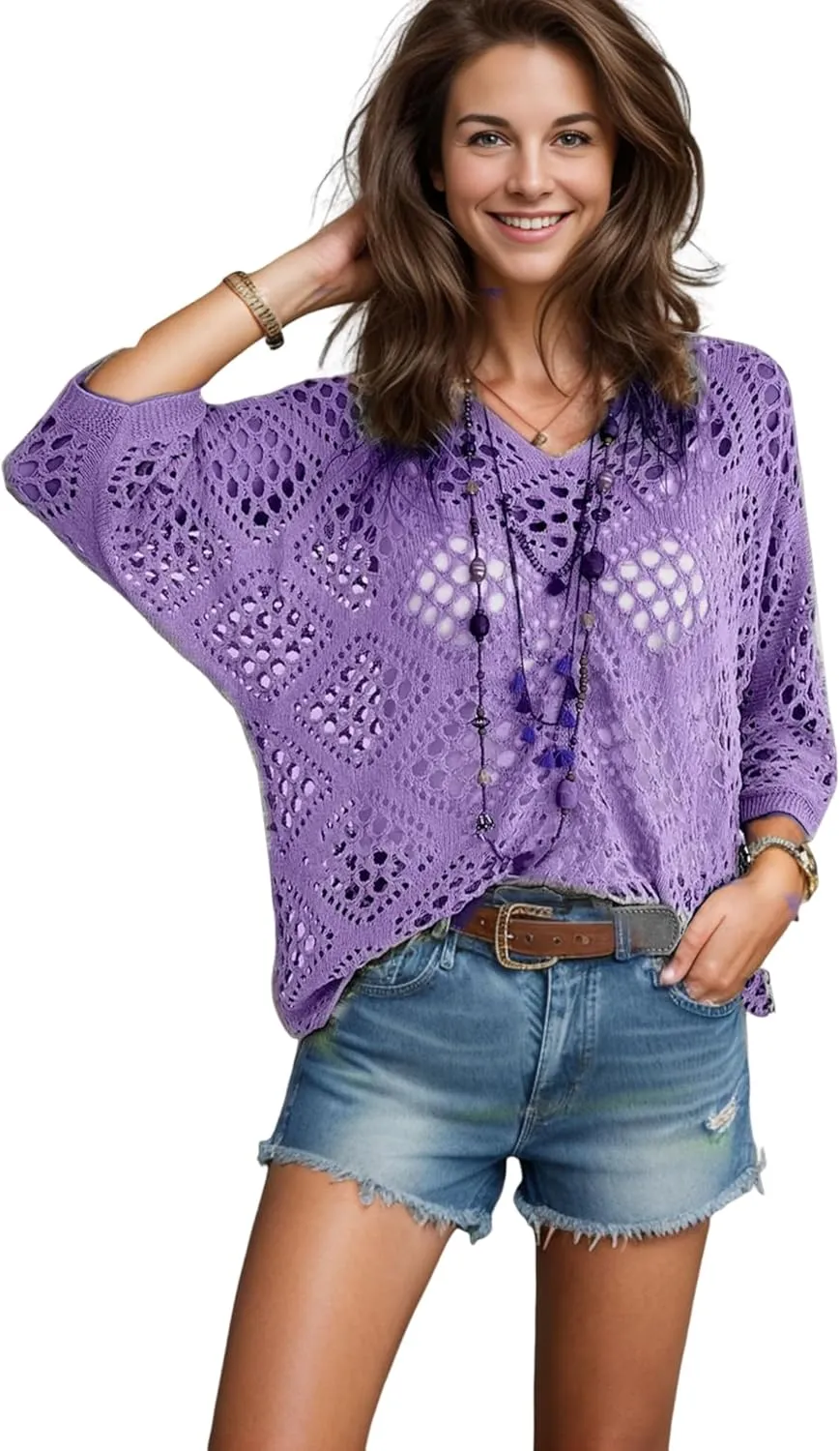 NASKY Women’s Casual Knit Pullover Hollow-Out 3/4 Batwing Sleeve Lightweight and Comfortable Boho Chic Summer Sweater