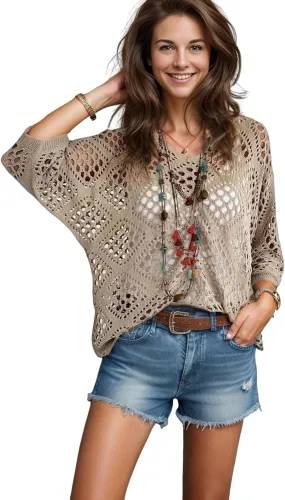 NASKY Women’s Casual Knit Pullover Hollow-Out 3/4 Batwing Sleeve Lightweight and Comfortable Boho Chic Summer Sweater