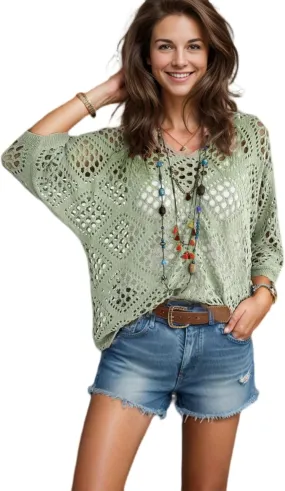 NASKY Women’s Casual Knit Pullover Hollow-Out 3/4 Batwing Sleeve Lightweight and Comfortable Boho Chic Summer Sweater