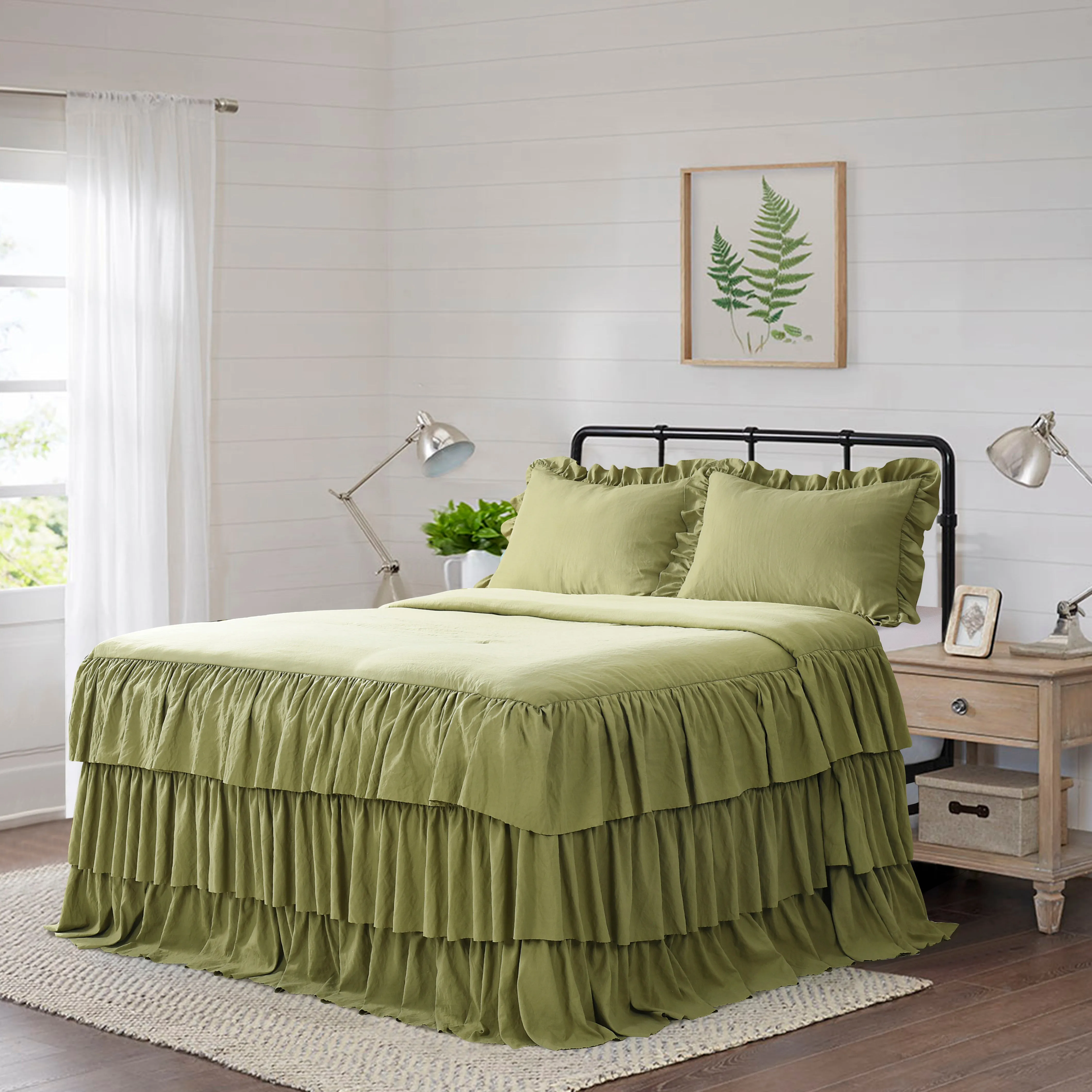 Ruffle Skirt Bedspread Three Layers Design Chic Style Bedding Set
