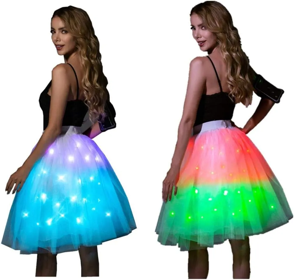 SHINYOU Women Tutu Skirt LED Light Up A Line Short Knee Length Tutu Tulle Skirt White