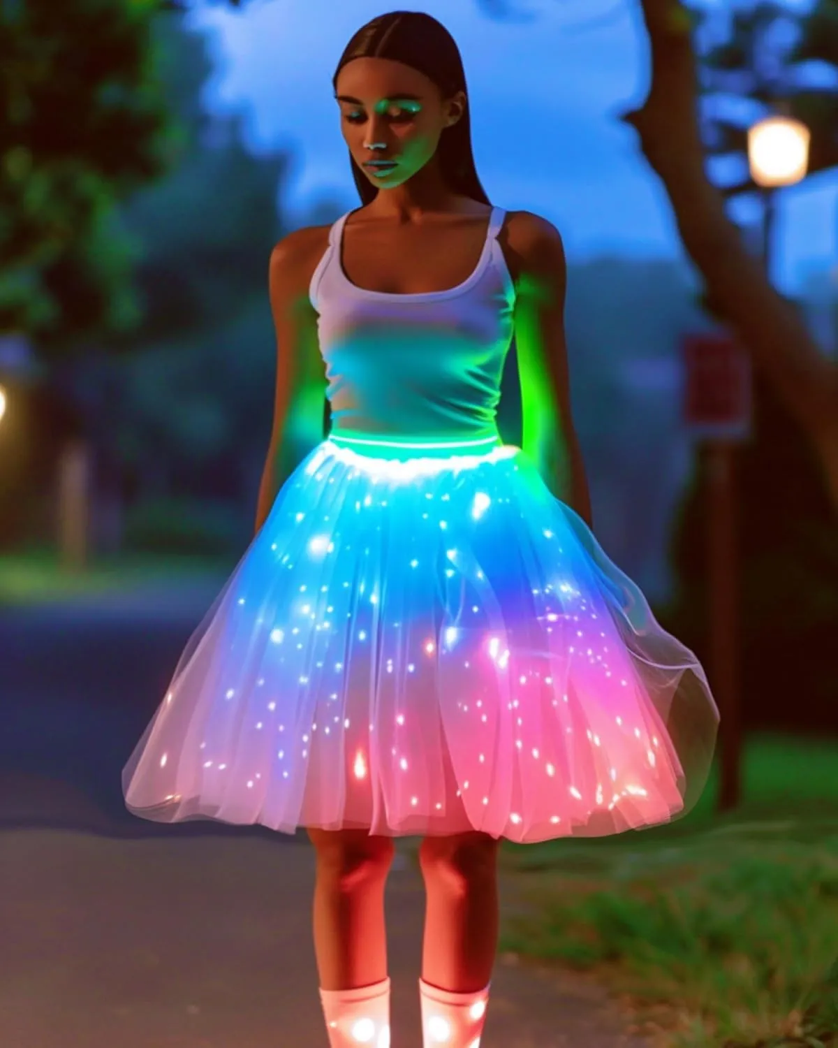 SHINYOU Women Tutu Skirt LED Light Up A Line Short Knee Length Tutu Tulle Skirt White