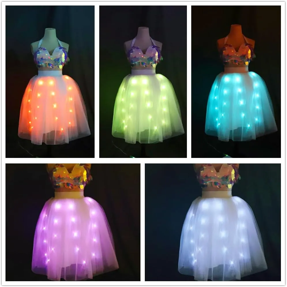 SHINYOU Women Tutu Skirt LED Light Up A Line Short Knee Length Tutu Tulle Skirt White