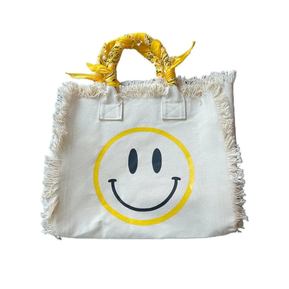Smiley Face Bandana Fringe Tote Bag- YELLOW