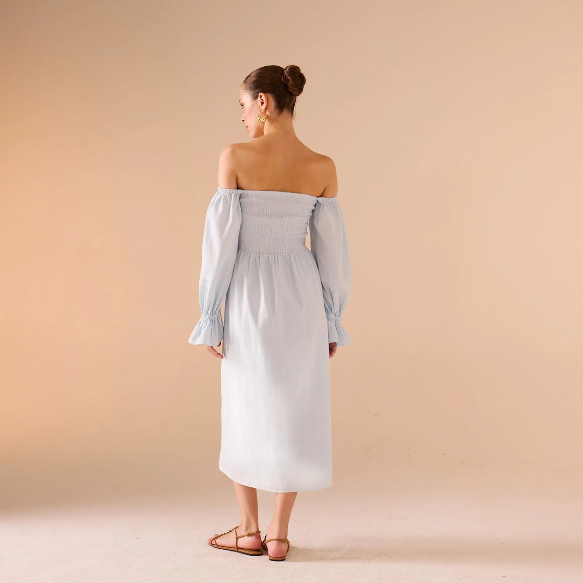 Smocked-Bodice Poet-Sleeve Midi Dress in Linen Cotton Blend