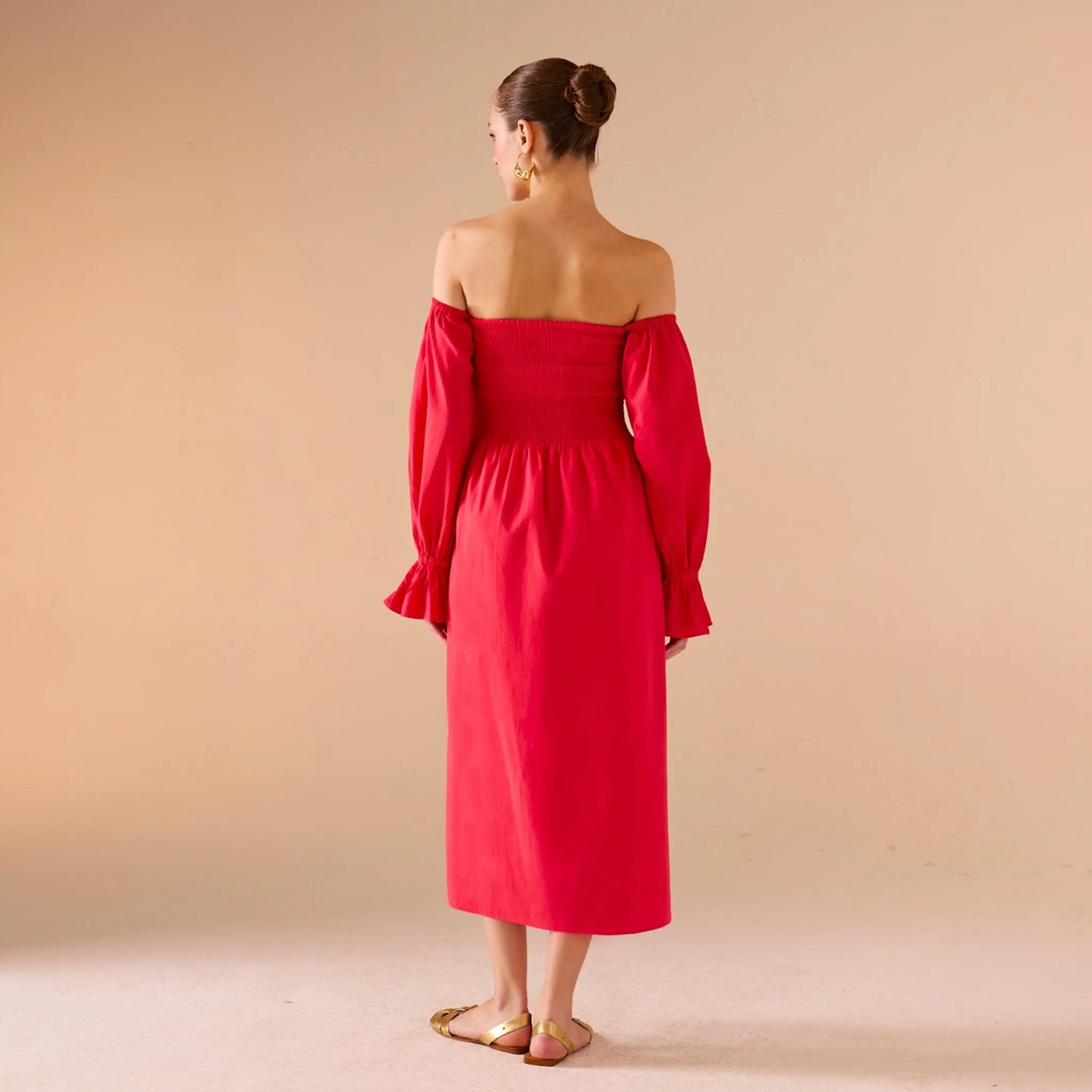 Smocked-Bodice Poet-Sleeve Midi Dress in Linen Cotton Blend