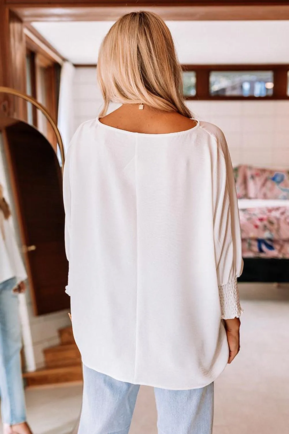 Smocked Wrist Shift White Top Blouse for Women