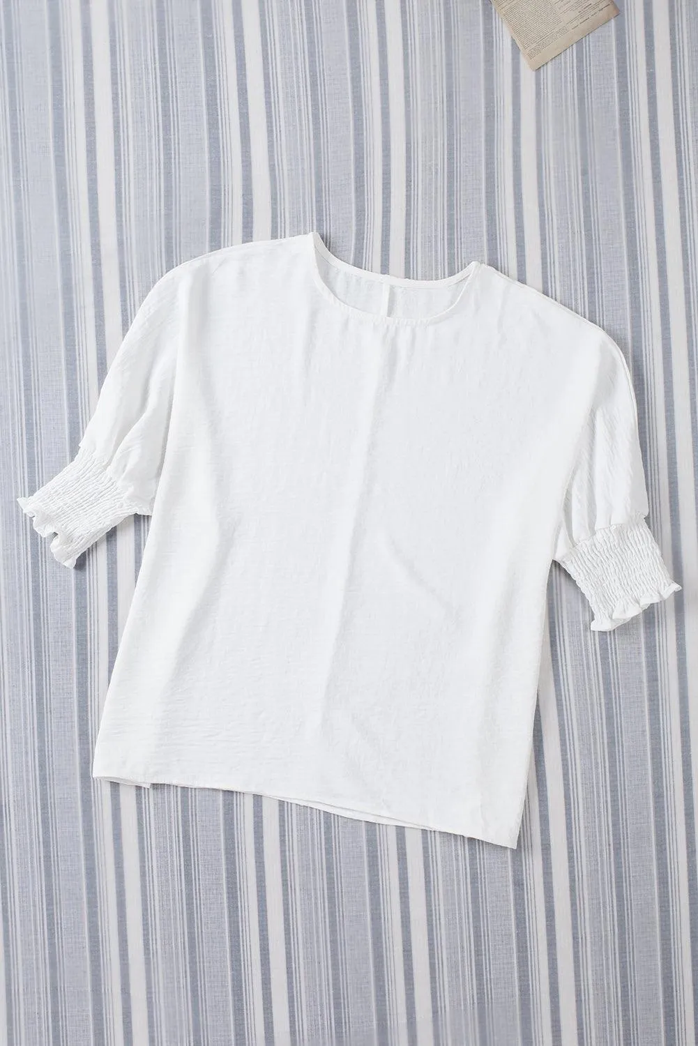 Smocked Wrist Shift White Top Blouse for Women