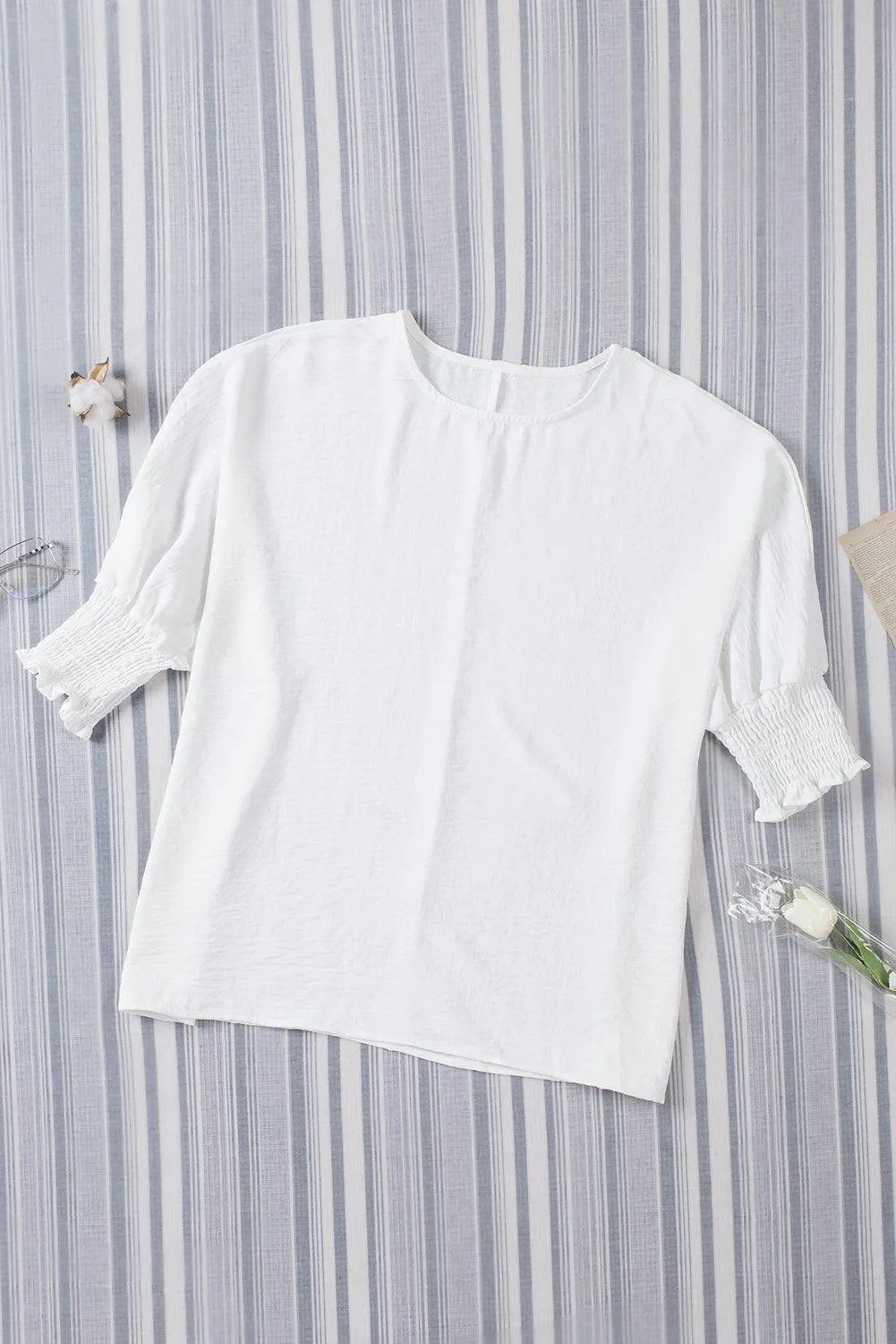 Smocked Wrist Shift White Top Blouse for Women