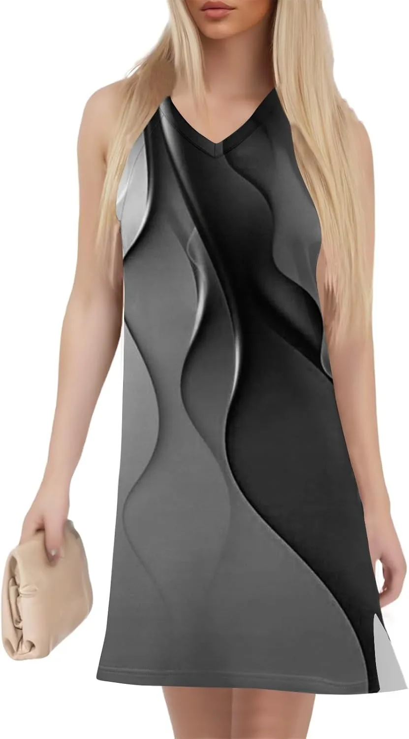 Summer Dresses for Women Casual V Neck Sleeveless Geometric Print Chic Loose Beach Short Shift Dress with Split
