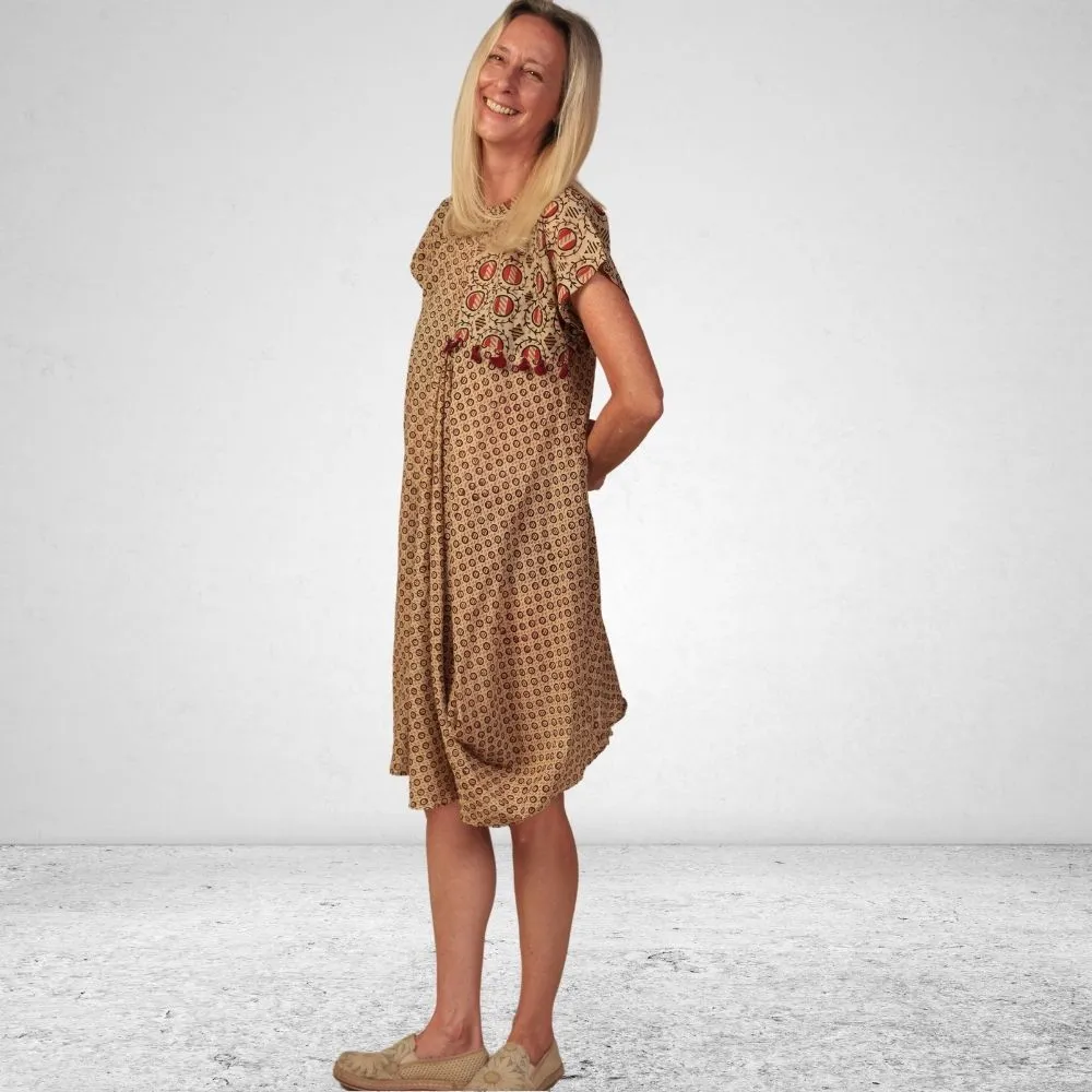 The Asma Dress | Breathable Cotton | Casual Dress | Block Printed | Beige