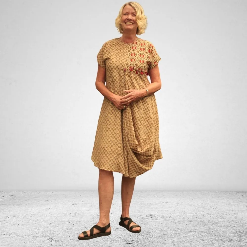 The Asma Dress | Breathable Cotton | Casual Dress | Block Printed | Beige