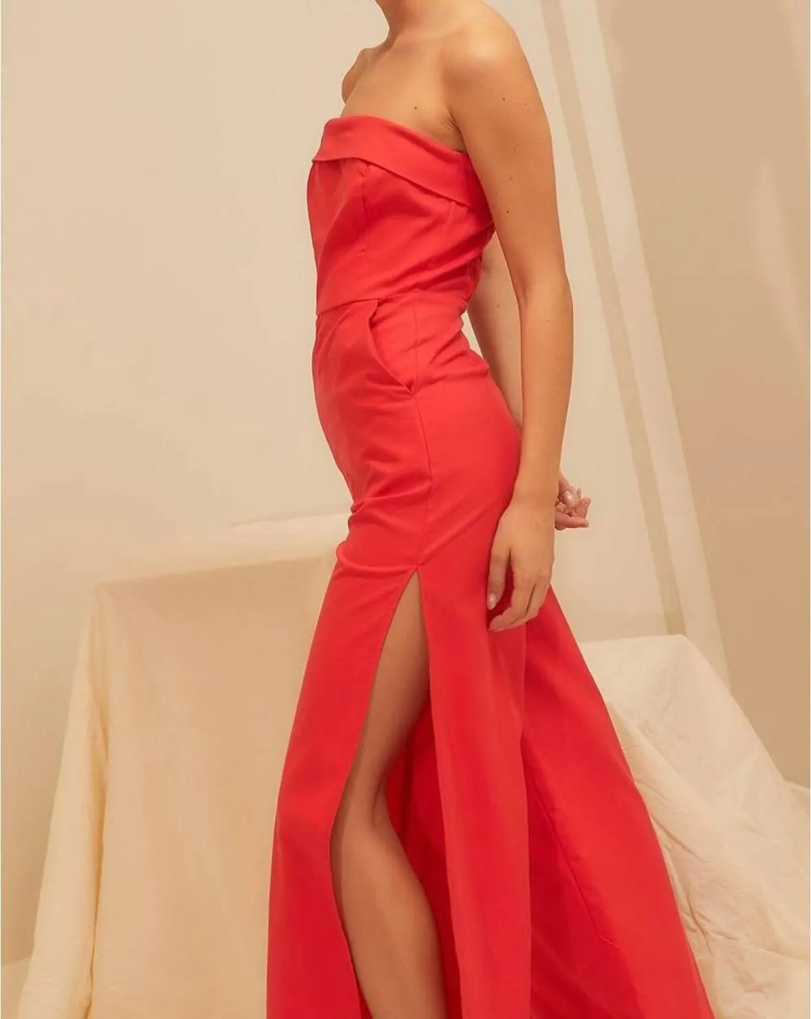 The Rylie Jumpsuit: Side Slit Strapless Red Jumpsuit
