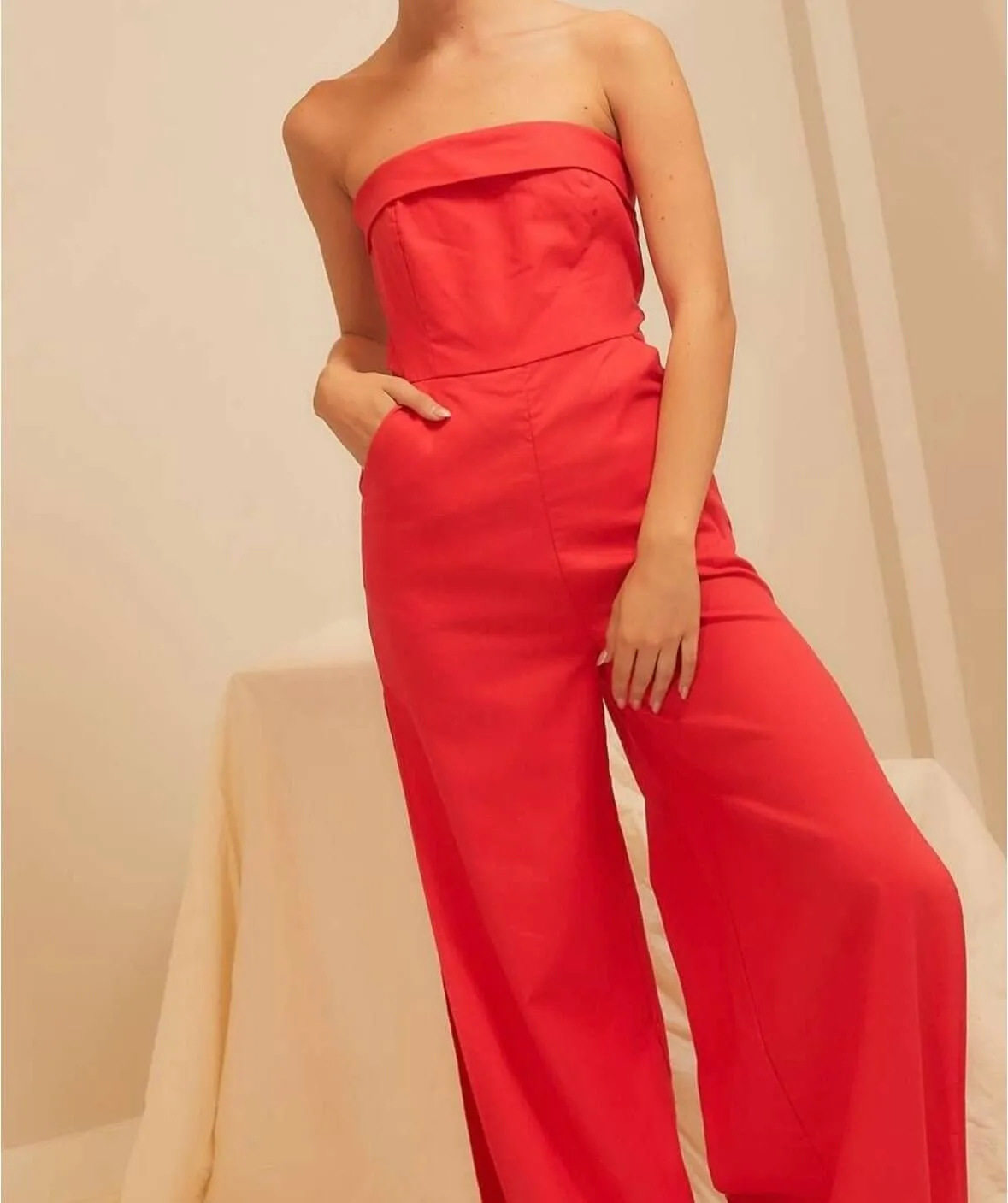 The Rylie Jumpsuit: Side Slit Strapless Red Jumpsuit