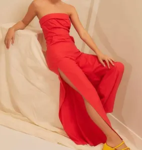 The Rylie Jumpsuit: Side Slit Strapless Red Jumpsuit