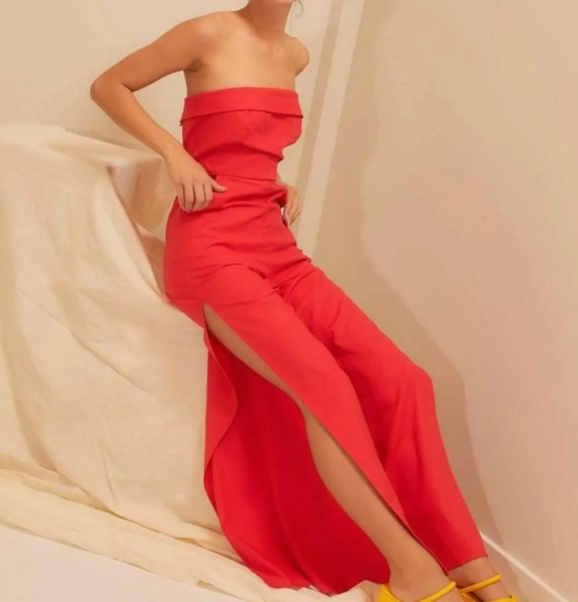 The Rylie Jumpsuit: Side Slit Strapless Red Jumpsuit