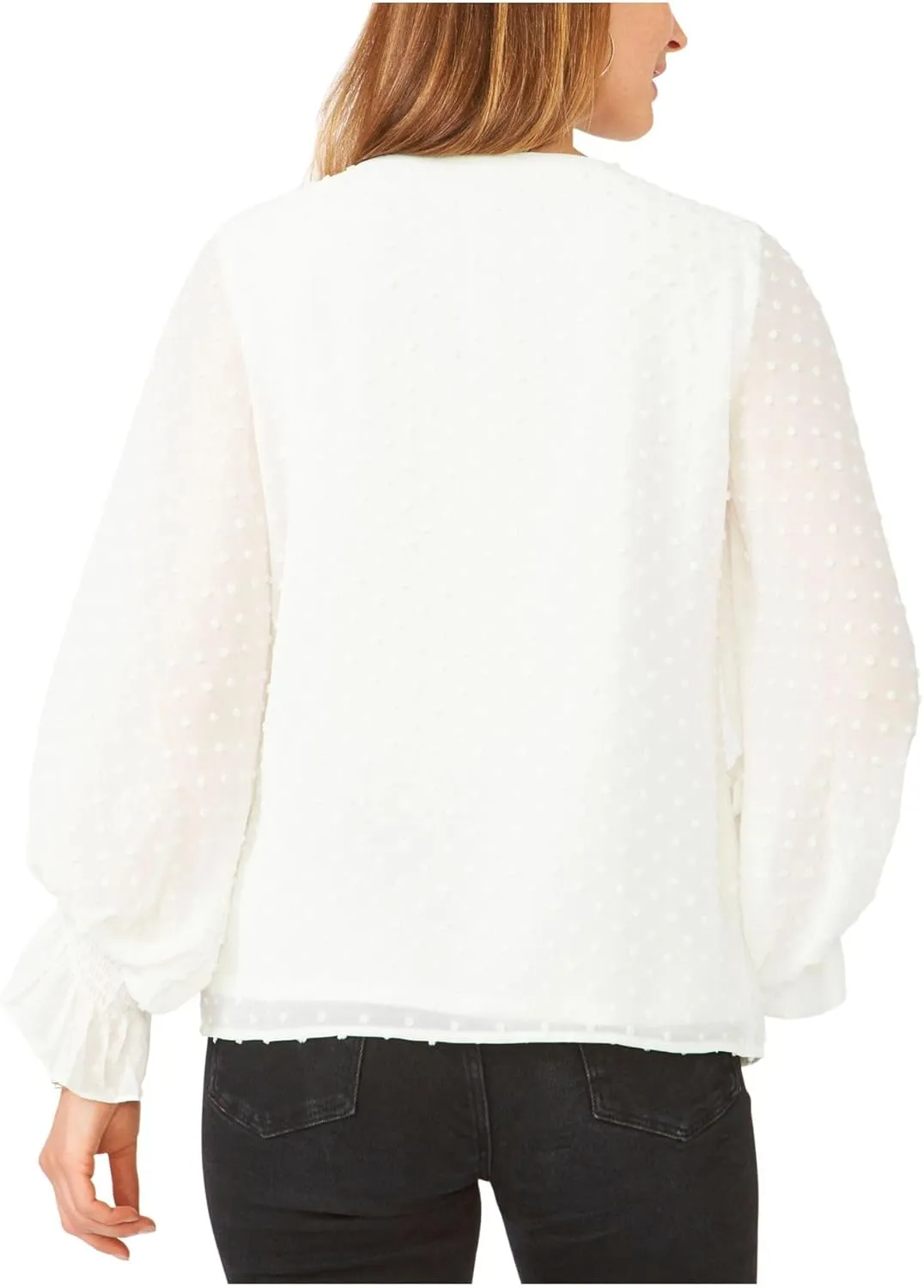 Vince Camuto Long Sleeve Smock Cuff Clip Dot V-Neck Blouse