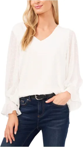 Vince Camuto Long Sleeve Smock Cuff Clip Dot V-Neck Blouse