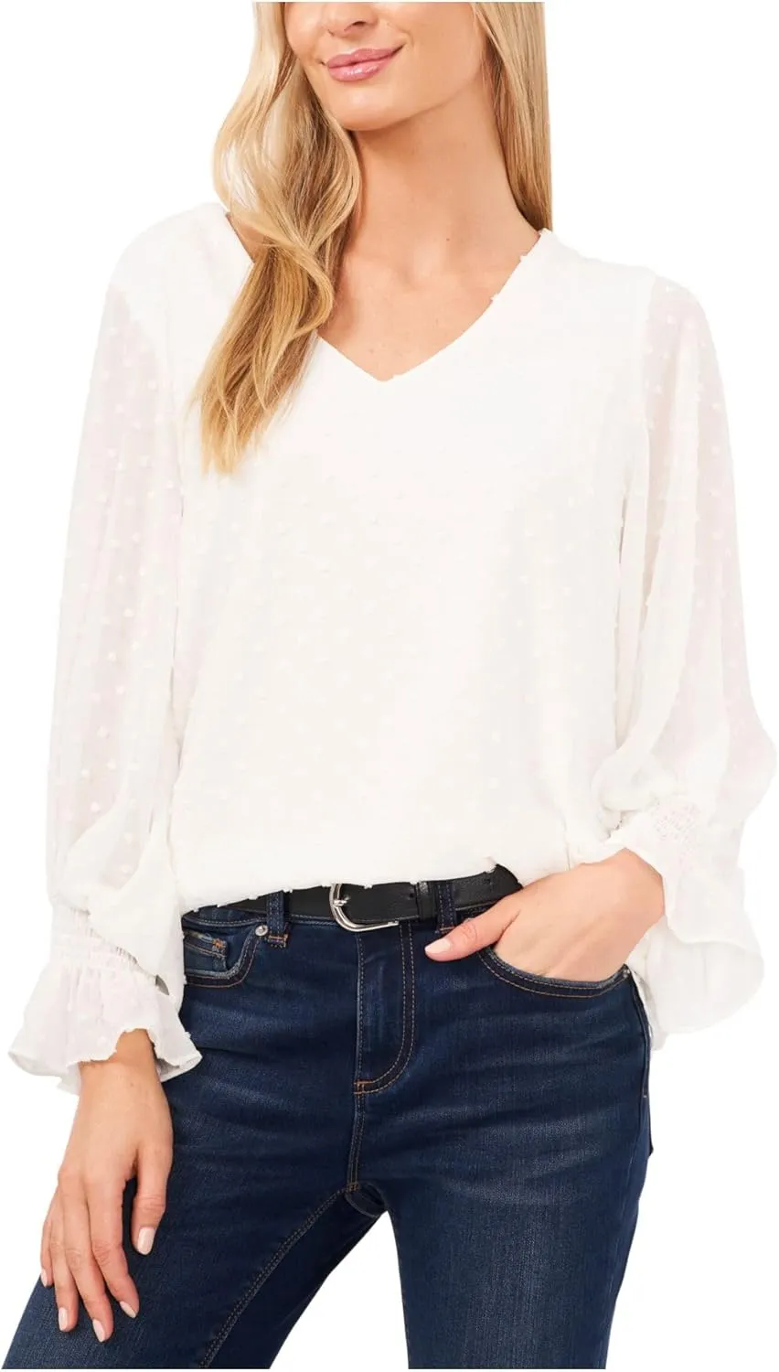 Vince Camuto Long Sleeve Smock Cuff Clip Dot V-Neck Blouse