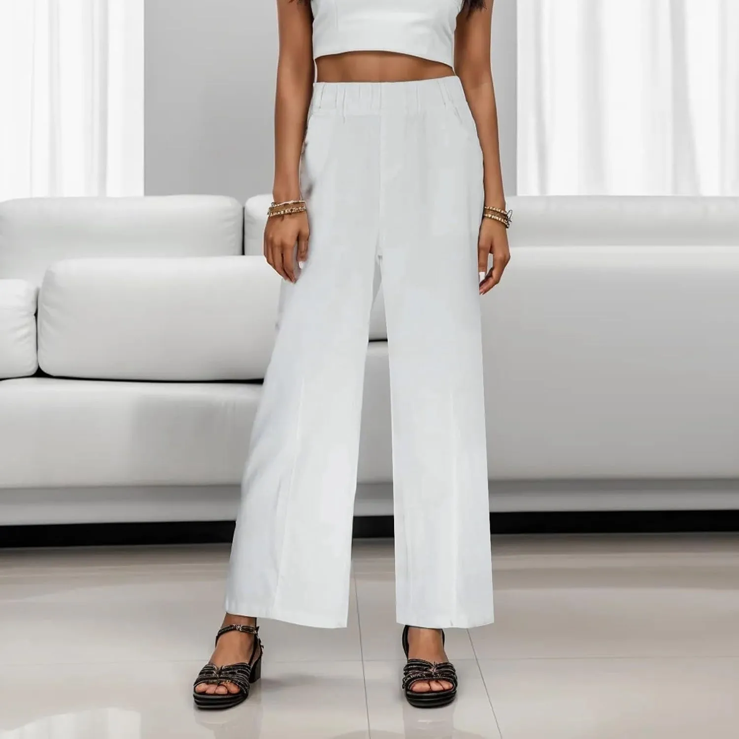 Wide Leg Jeans for Women Elastic High Waisted Pull On Baggy Jeans Comfy Casual Stretchy Denim Pants with Pockets