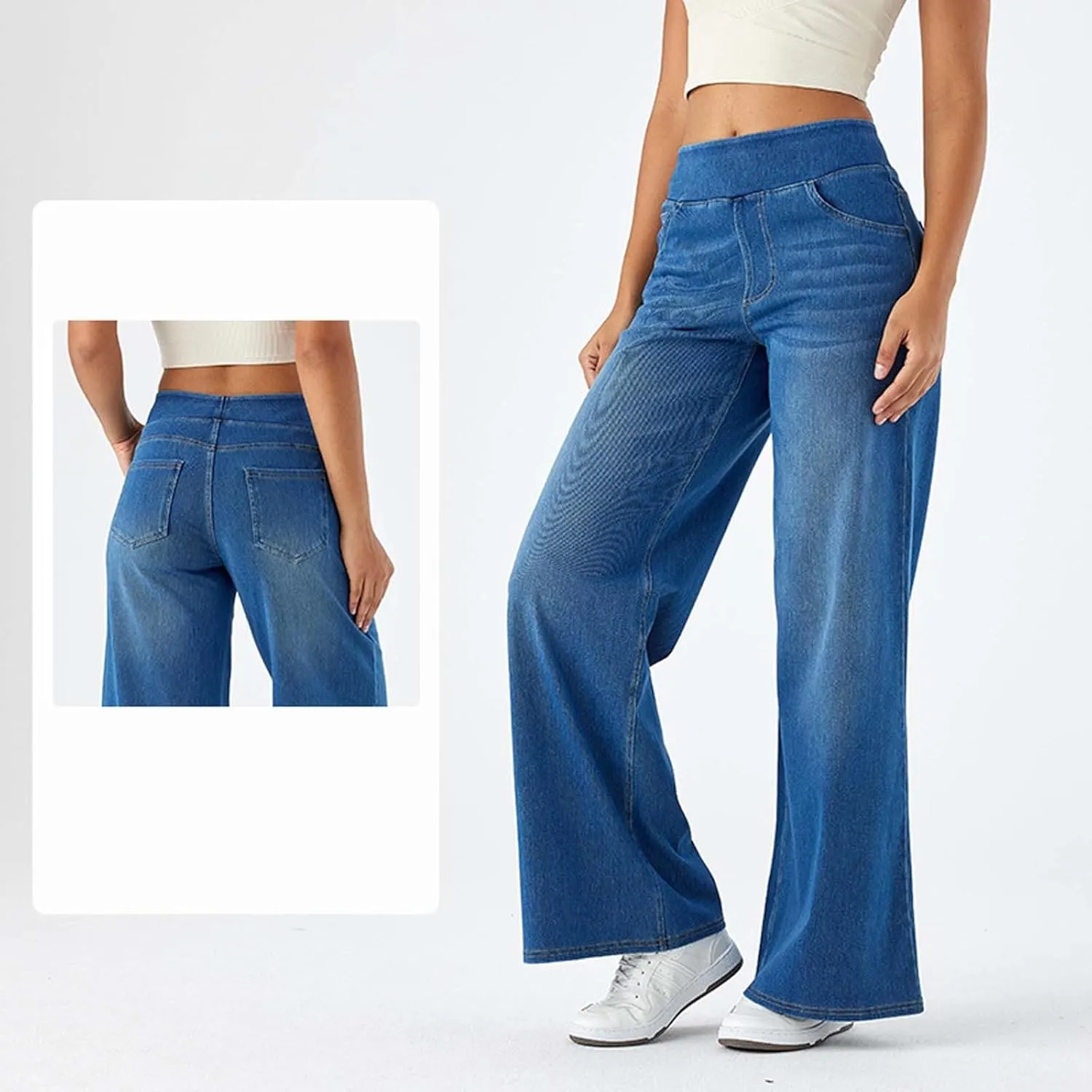 Wide Leg Jeans for Women Elastic High Waisted Pull On Baggy Jeans Comfy Casual Stretchy Denim Pants with Pockets