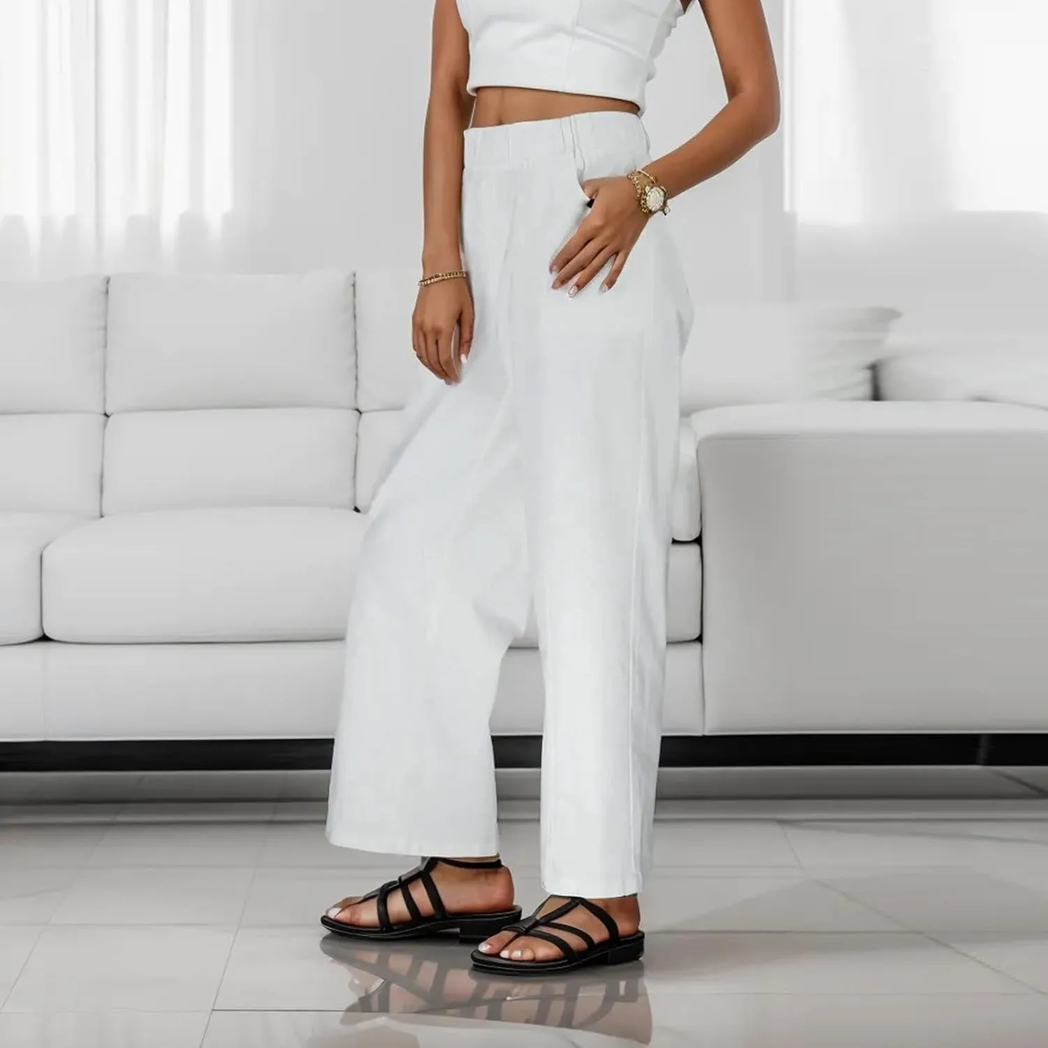 Wide Leg Jeans for Women Elastic High Waisted Pull On Baggy Jeans Comfy Casual Stretchy Denim Pants with Pockets