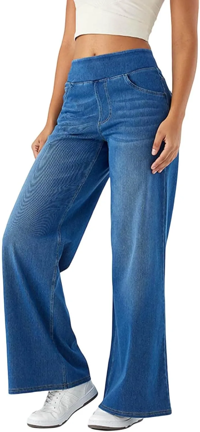 Wide Leg Jeans for Women Elastic High Waisted Pull On Baggy Jeans Comfy Casual Stretchy Denim Pants with Pockets