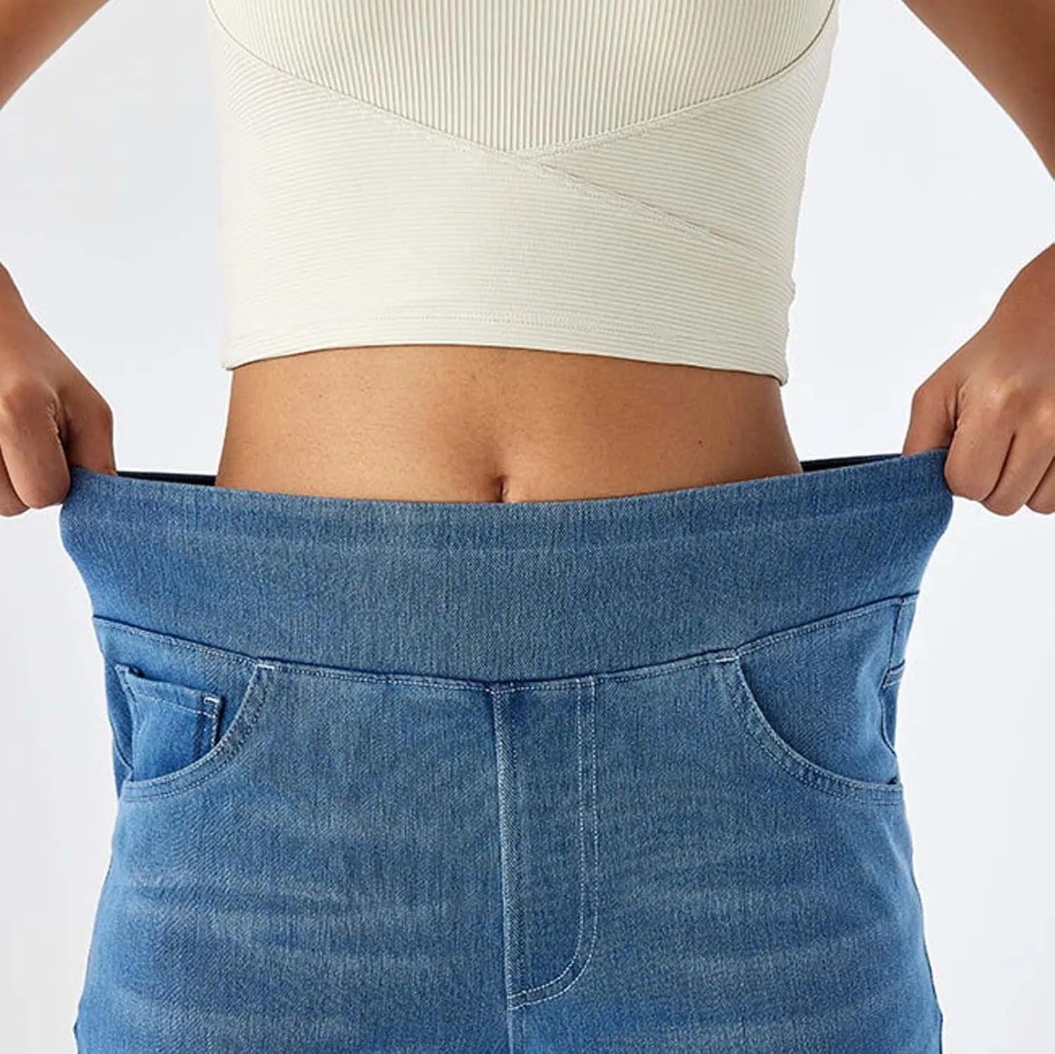Wide Leg Jeans for Women Elastic High Waisted Pull On Baggy Jeans Comfy Casual Stretchy Denim Pants with Pockets