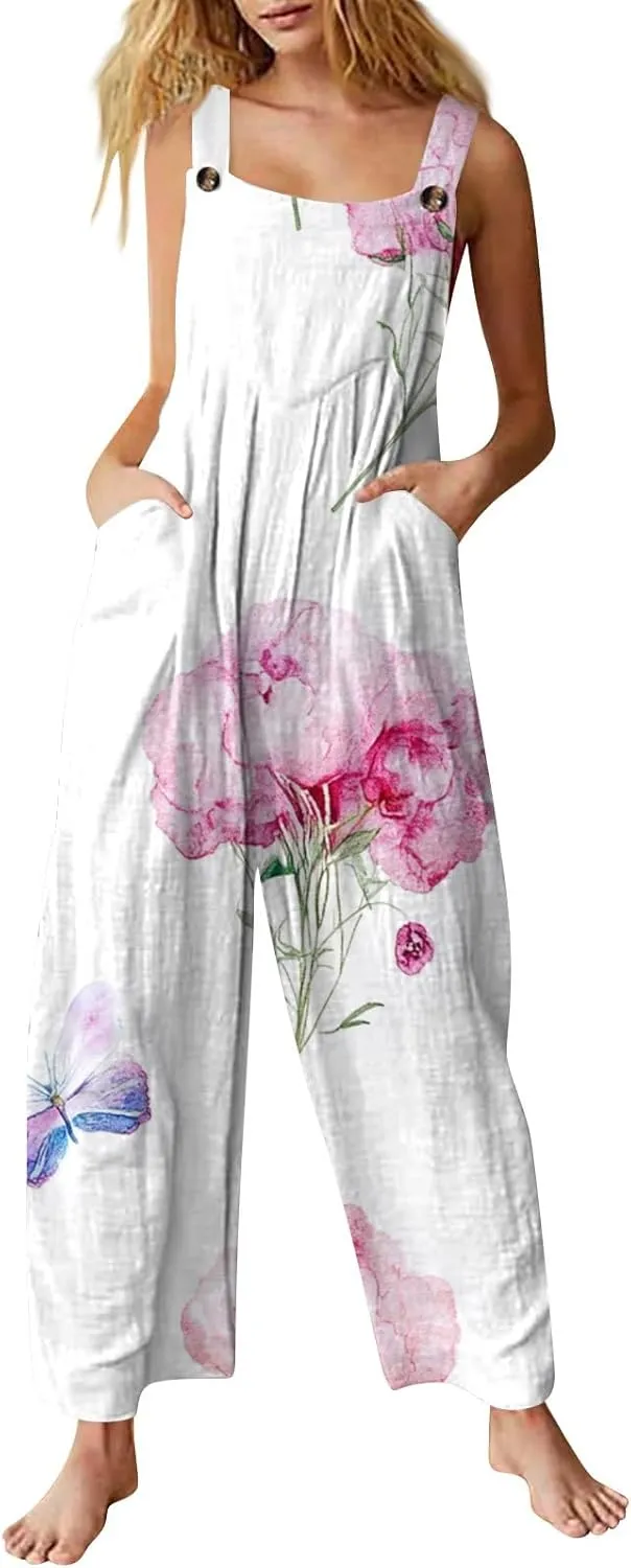 Wide Leg One Piece Jumpsuits for Women, Casual Vacation Loose Beach Fashion Boho Womens Romper
