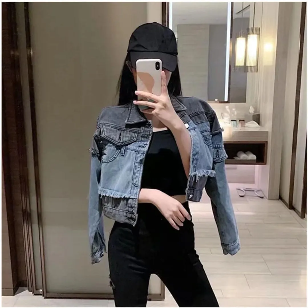 Women Denim Coats Turn-Down Collar Single Breasted Jackets Chic Patchwork Long Sleeve Outwears