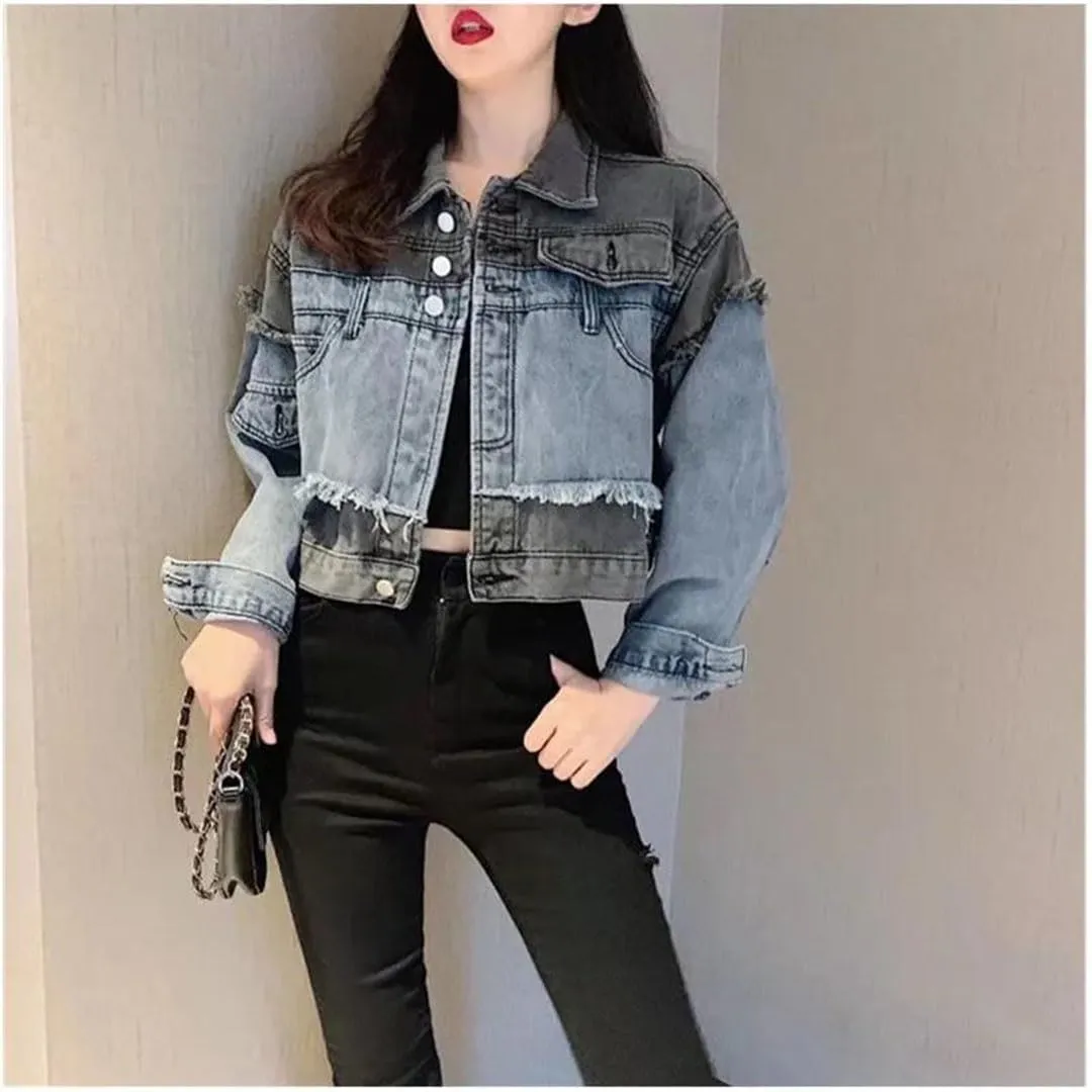 Women Denim Coats Turn-Down Collar Single Breasted Jackets Chic Patchwork Long Sleeve Outwears