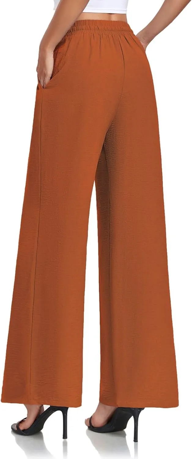 Women's Casual Pants Loose Fit Palazzo Pant Elastic Waist Drawstring Tie Knot Trousers with Pockets