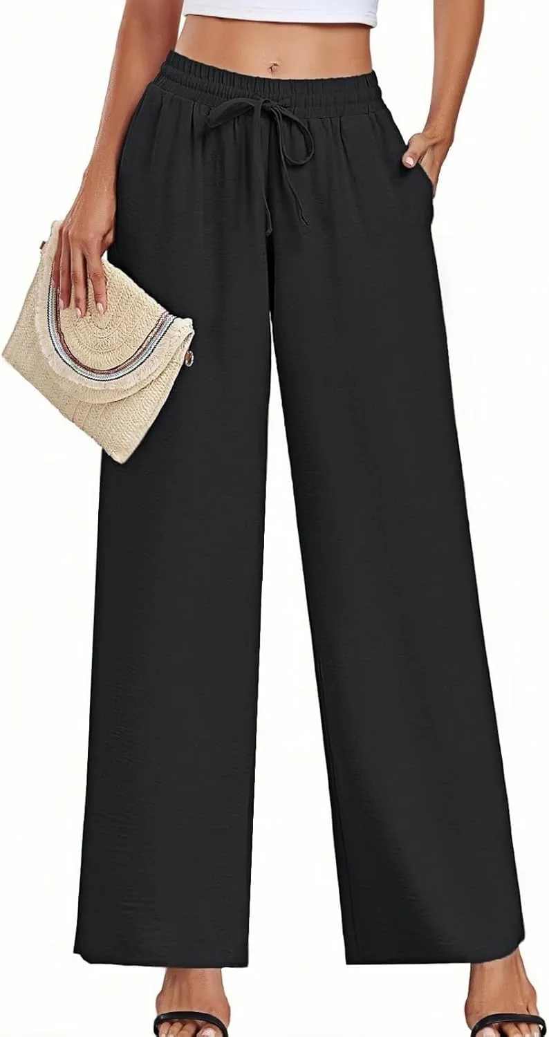 Women's Casual Pants Loose Fit Palazzo Pant Elastic Waist Drawstring Tie Knot Trousers with Pockets