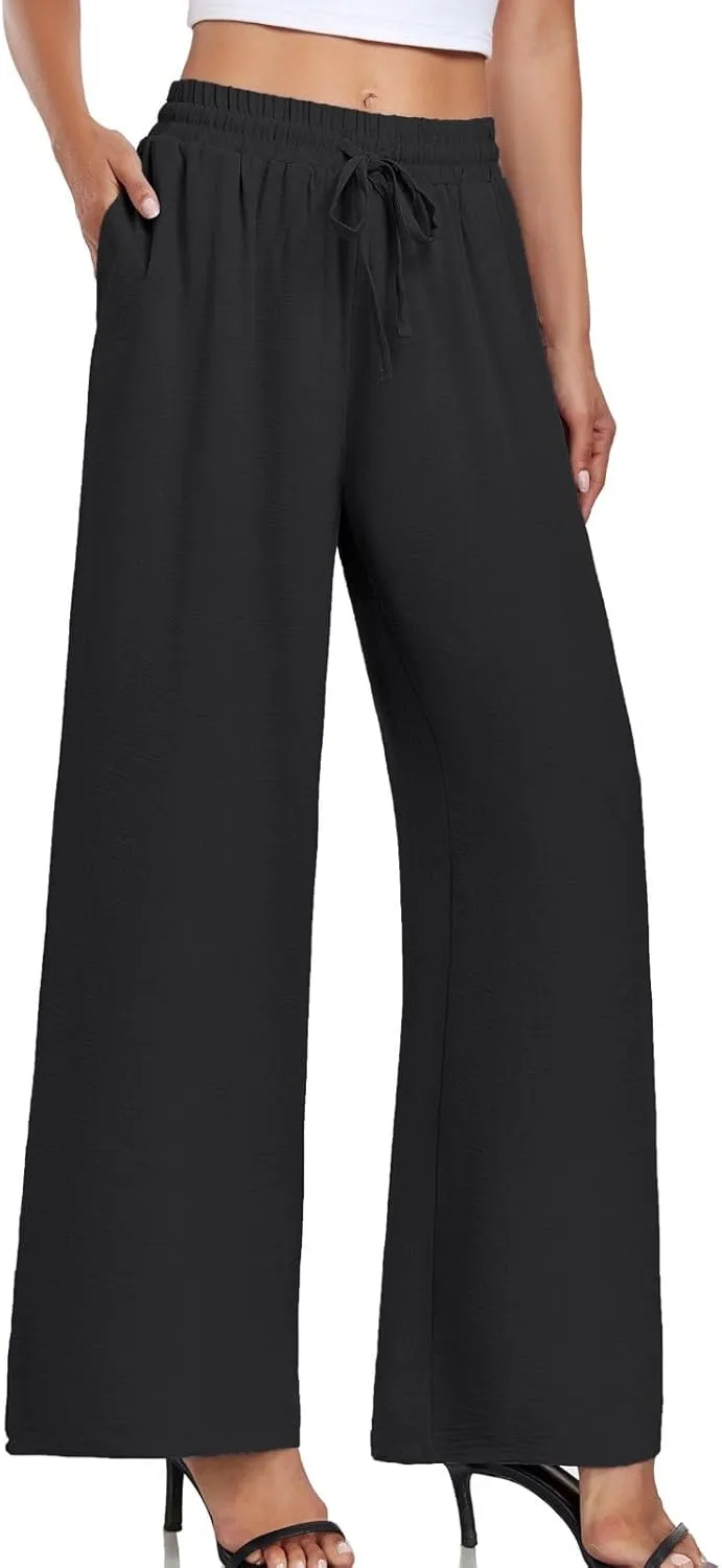 Women's Casual Pants Loose Fit Palazzo Pant Elastic Waist Drawstring Tie Knot Trousers with Pockets